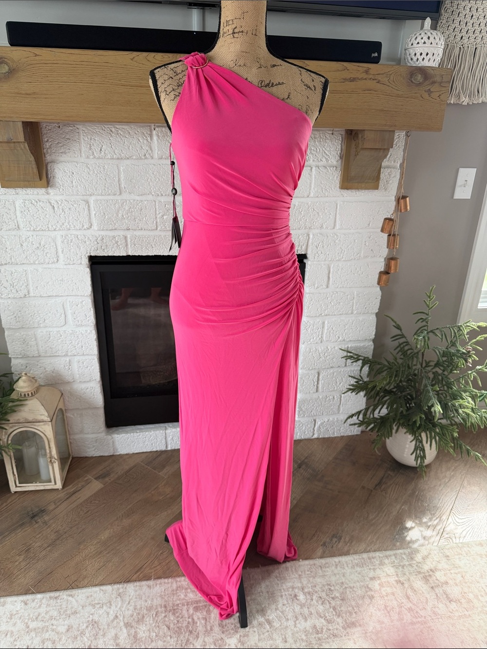 Adrianna Papell One-Shoulder Hot Pink Ruched Evening Gown